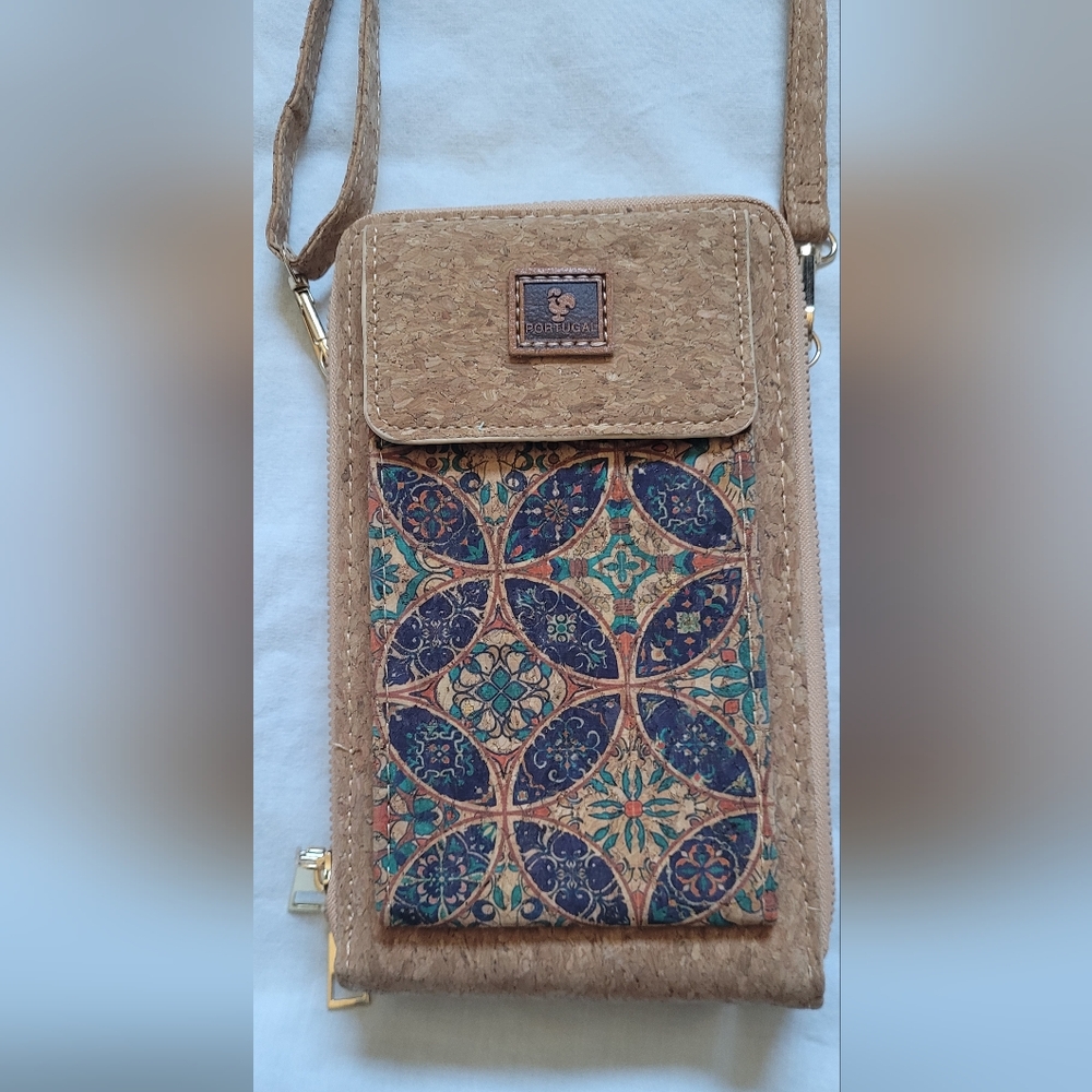 Portugal Cork Tan and Blue Patterned Crossbody Bag